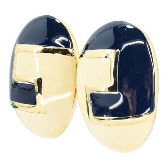 Vintage Donald Stannard Goldtone Cream Navy Enamel Clip On Earrings 90s 1 1/4 In - Picture 2 of 6